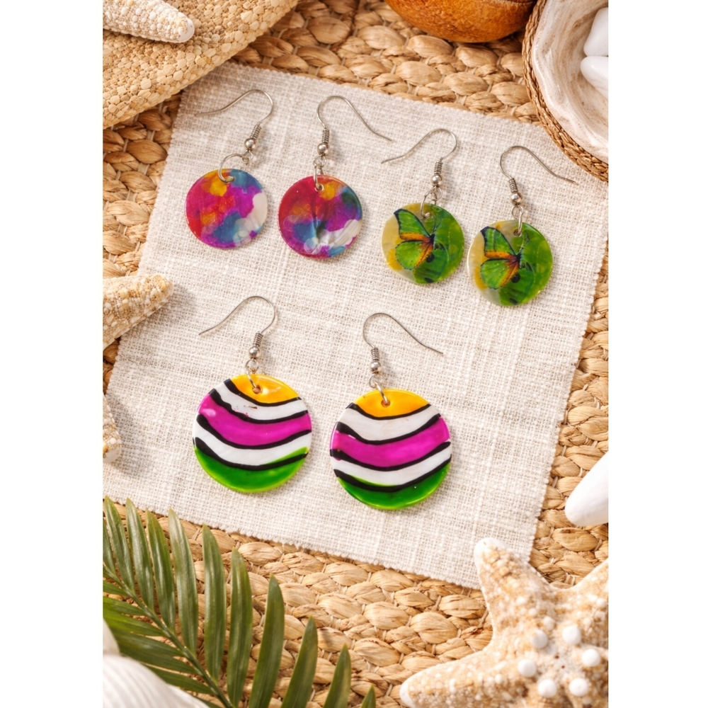 3 Pair Painted Shell Dangle Earrings Boho Beach Colorful Handmade Set